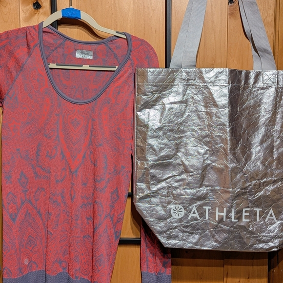 Athleta Tops - Athleta Long Sleeve Base Layer Shirt Pink/Gray Sz L and Silver Tote Bag